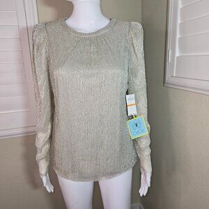 CeCe Silver & Gold Metallic Top Long Sleeves Size Small